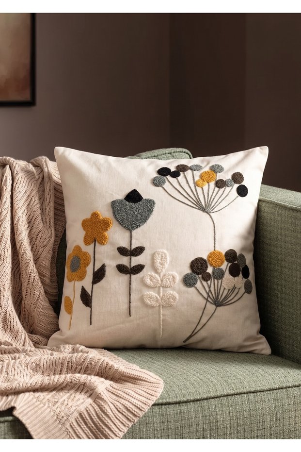 Yellow/Black and Light Gray Colored Floral Themed Cotton Comfort Throw Pillow Cover 36X36