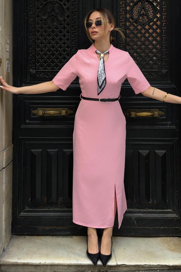 Pink Kacie Scarf Detail Half Sleeve Front Slit Belted Women's Midi Dress