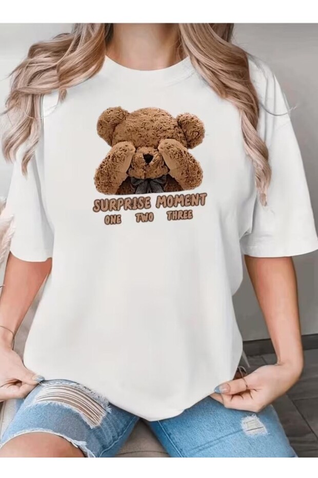 Teddy Bear Printed Red White Beige and Black Basic Oversize T-Shirt