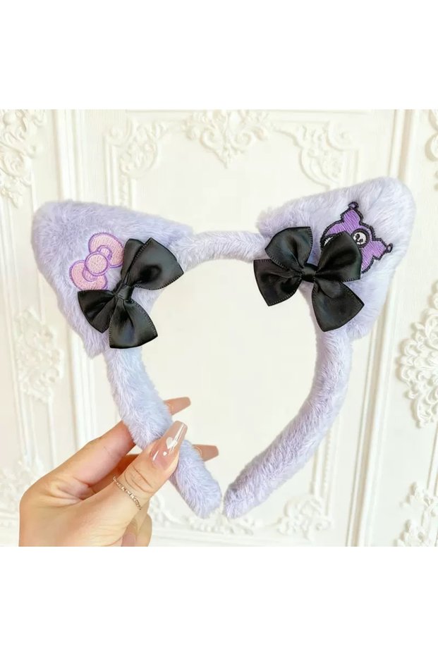 Kuromi Girl's Plush Cat Ear Crown with Bow Detail Soft and Adorable for Daily & Party Wear