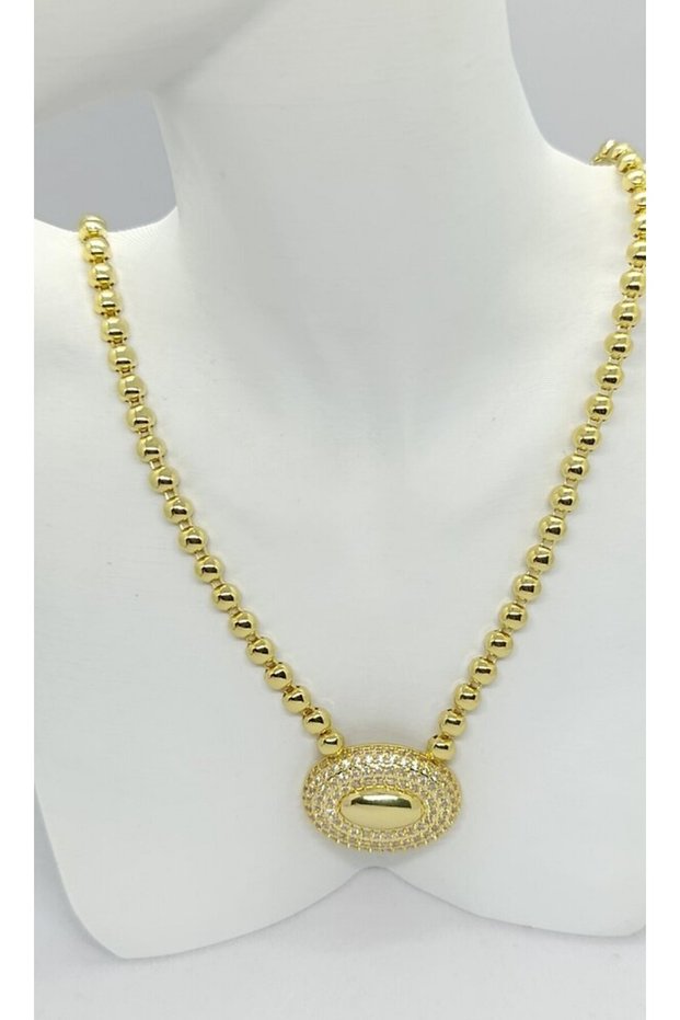 Half Ball Chain Stone Oval Detailed Gold Necklace (47+5 cm)