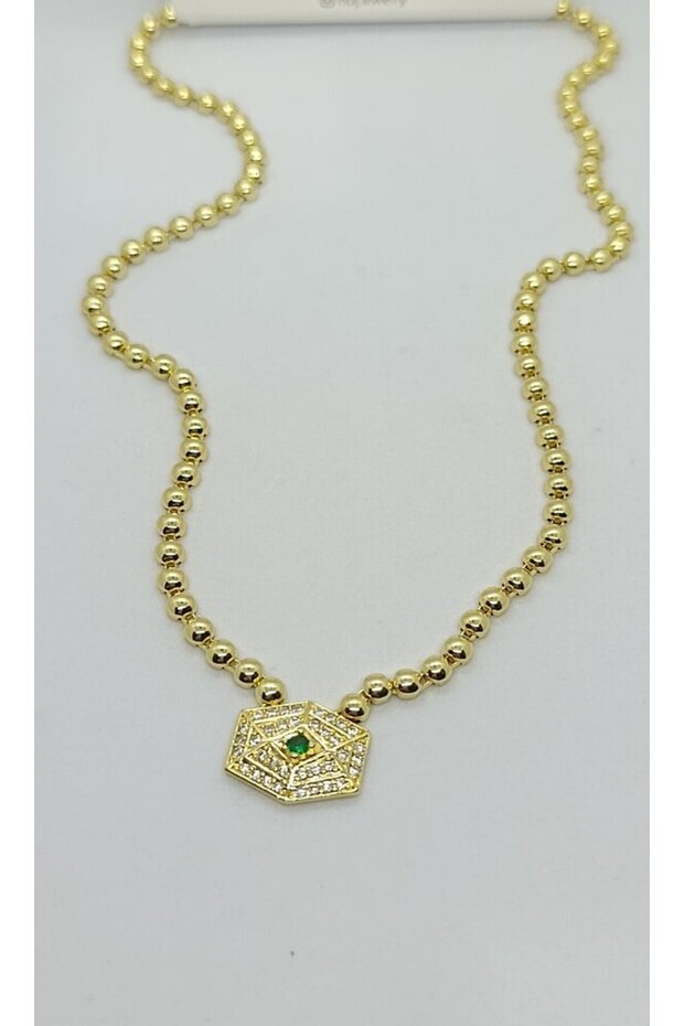 Half Ball Chain Detailed Gold Necklace with Green Stone End (45+5 cm)