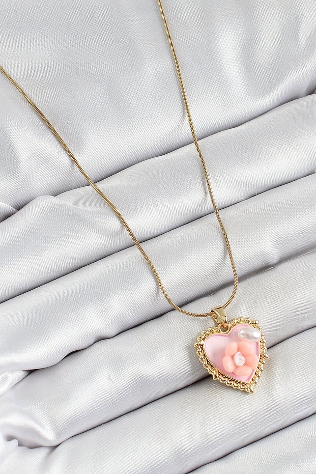 316L Steel Chain Pink Artistic Portrait Pearl Detailed Daisy Figured Heart Model Gold Color Women's Necklace