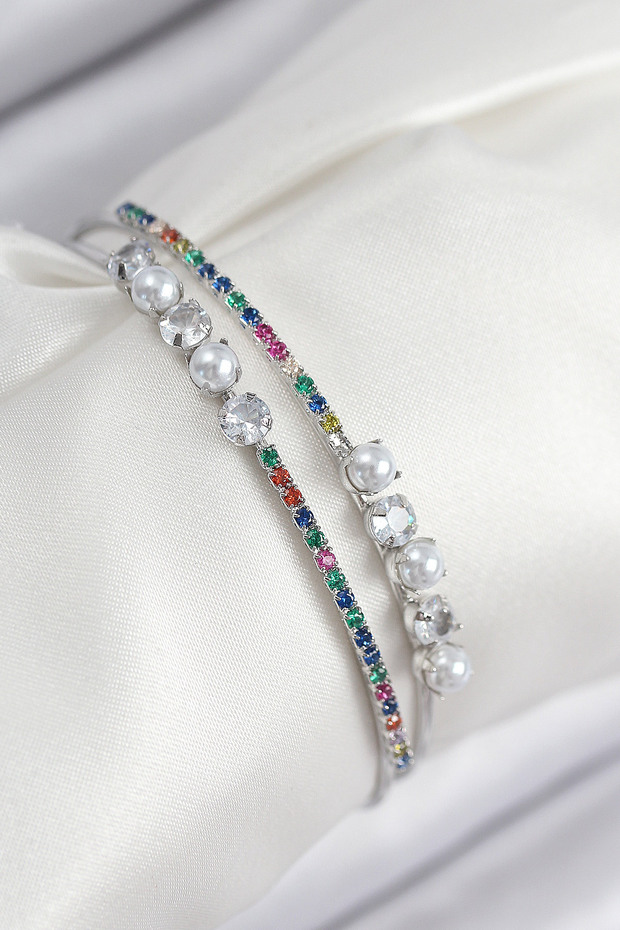 Brass Zircon Stone Pearl Model Silver Color Women's Bracelet