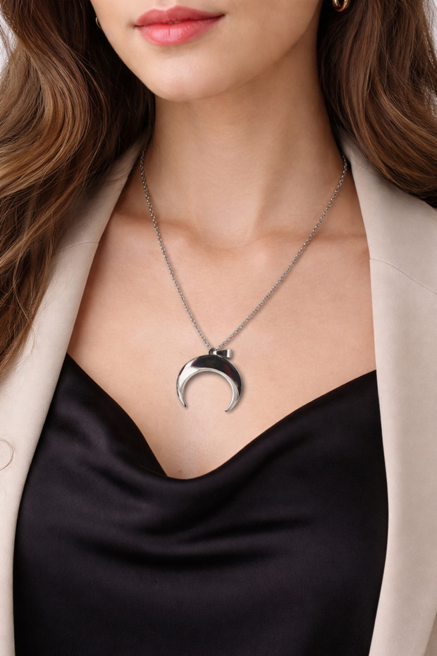 Stainless Steel Crescent Moon Necklace Silver Color 60 cm Chain Unisex