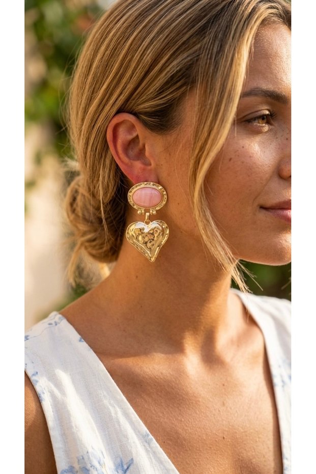 Gold Color Vintage Earrings with Steel Heart Figure