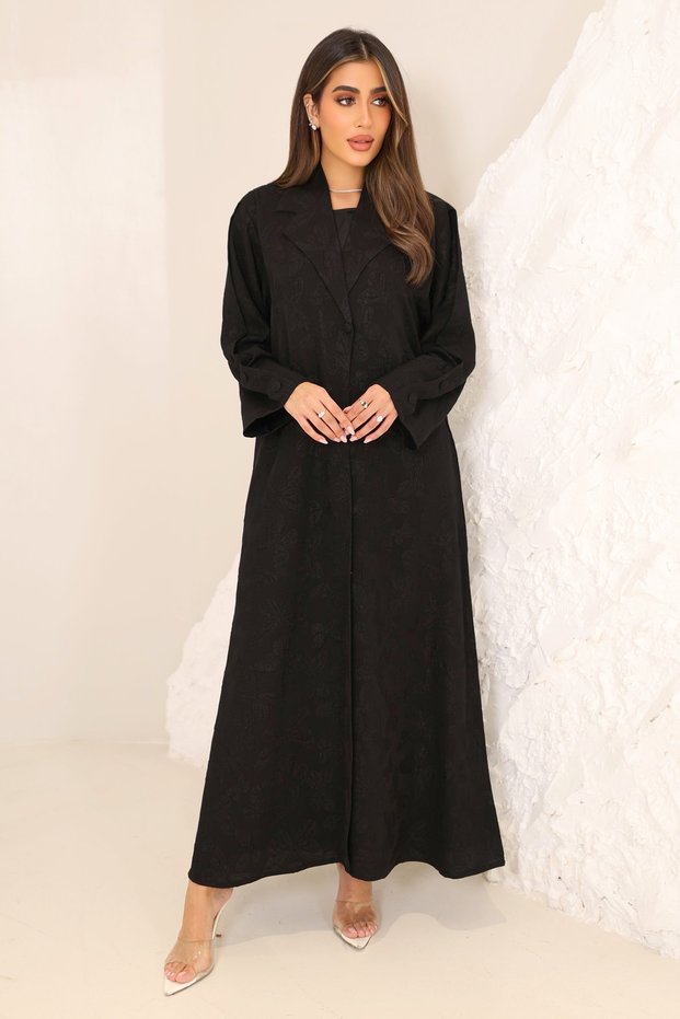 Elegant Black Jacquard Abaya with Sleeve Button Detailing | Premium Luxury Abaya for Women