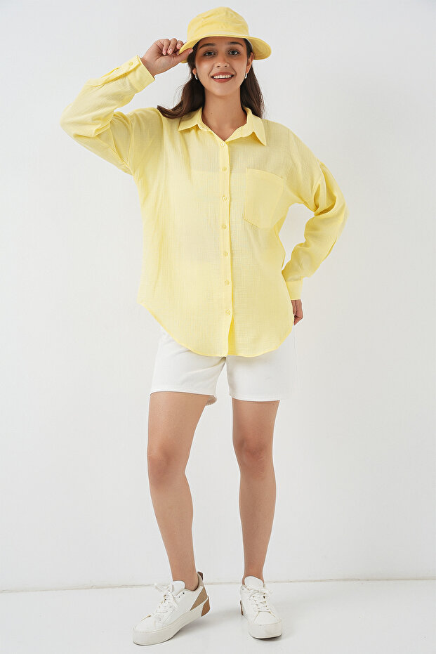 20153 Single Pocket Oversize Linen Shirt - Light Yellow