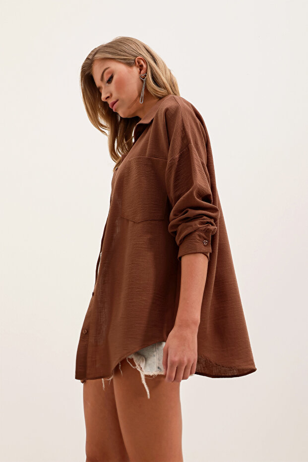 20153 Single Pocket Oversize Linen Shirt - Brown