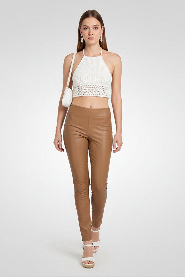 Women Petite Plain Pull On Faux-Leather Pants, Tan