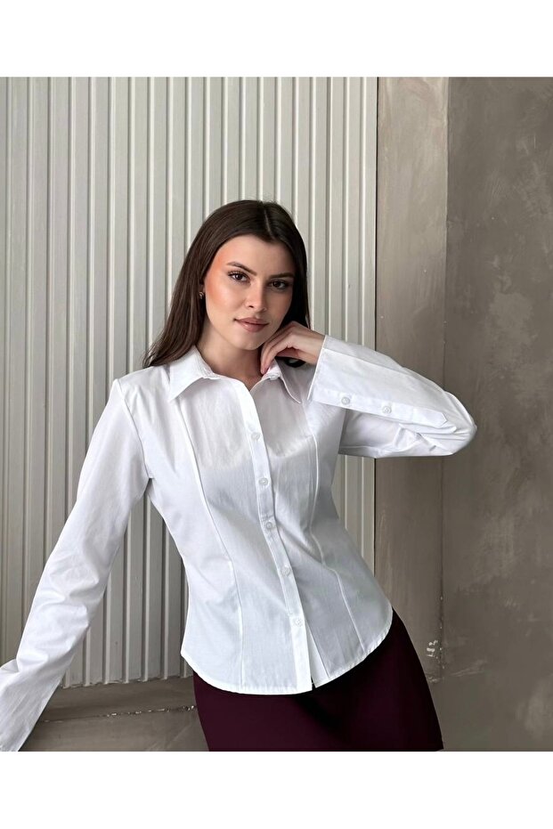 Women's White Trendy Slim Fit Poplin Collared Office Style Shirt