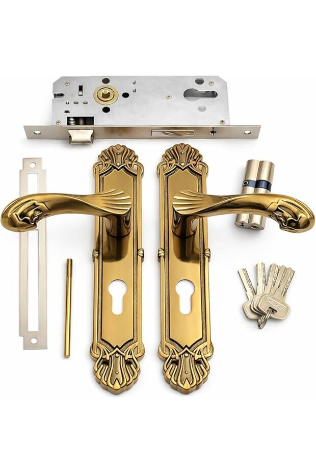 Door Handle Set with Lock, Antique Brass Finish, Decorative Lever Handle, Euro Cylinder Lock, Comple