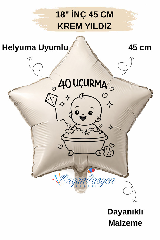 18 Inch Cream Star Foil Balloon | 40 Uçurma | Kite Figured | 40 Days Party | Baby Shower
