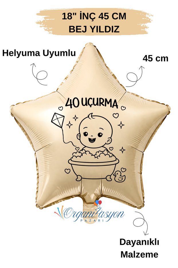 18 Inch Beige Star Foil Balloon | 40 Uçurma | Kite Figured | 40 Days Party | Baby Shower