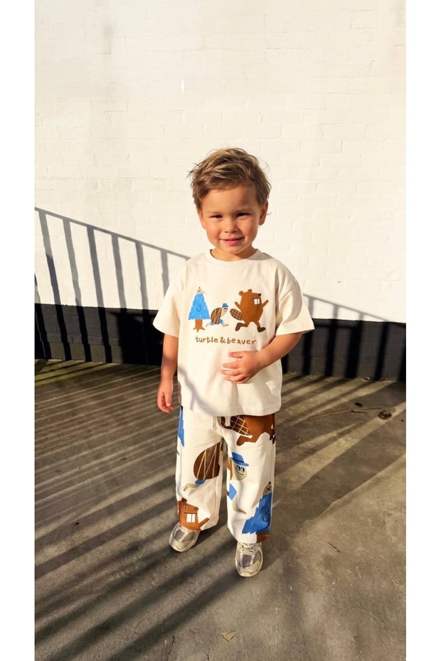 Boy's Cream Oversize Cut 100% Cotton Top and Bottom Combed Cotton Set - Turtle & Beaver Series