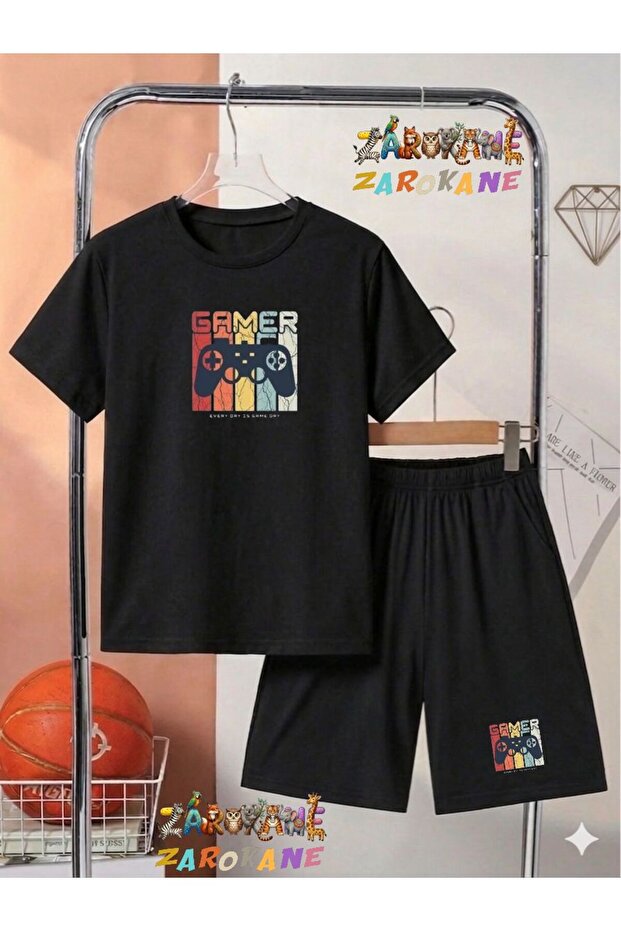 Gamer Konsol Printed Top-Bottom Shorts/T-Shirt Two-Piece Summer Children's Set