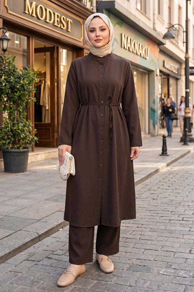 Women's Brown High Collar Belted Long Buttoned Comfortable Fit Hijab Tunic Pants Set