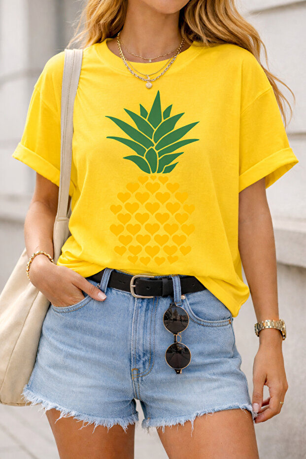 Heart Patterned Pineapple Printed Unisex Oversize T-Shirt – Cotton Crew Neck Casual T-Shirt