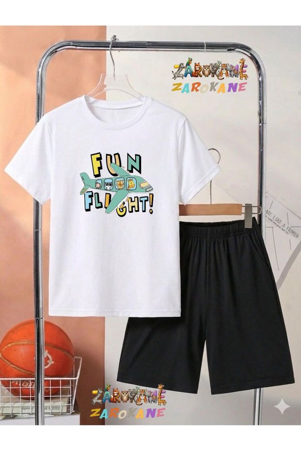 Plane and Cute Animals Printed Top and Shorts/T-Shirt Two-Piece Summer Children's Set