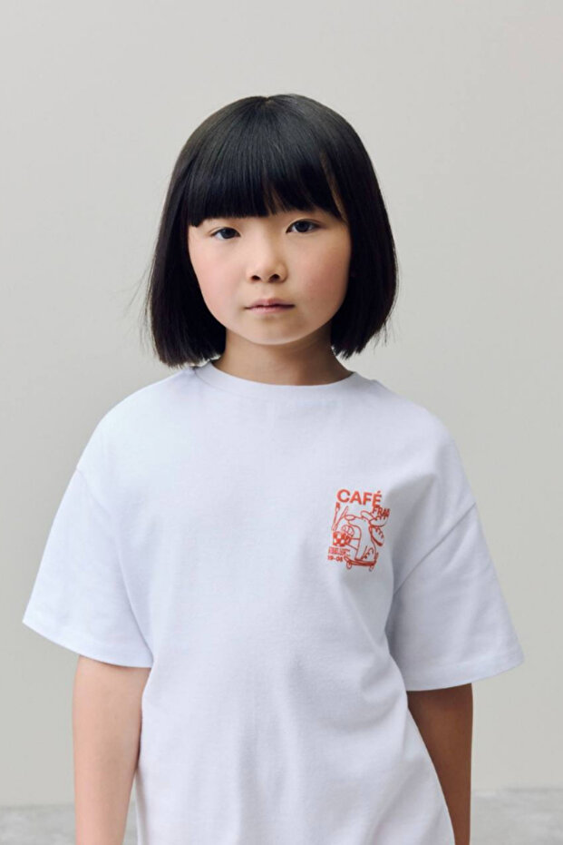 Girl's Cafe Themed Back Printed Oversize T-Shirt Ecru