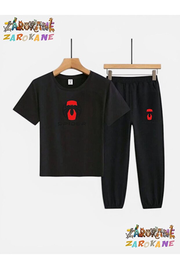 Spider Visual Printed Top-Bottom Tracksuit/T-Shirt Two-Piece Children's Set (Pocketed Tracksuit Pants)