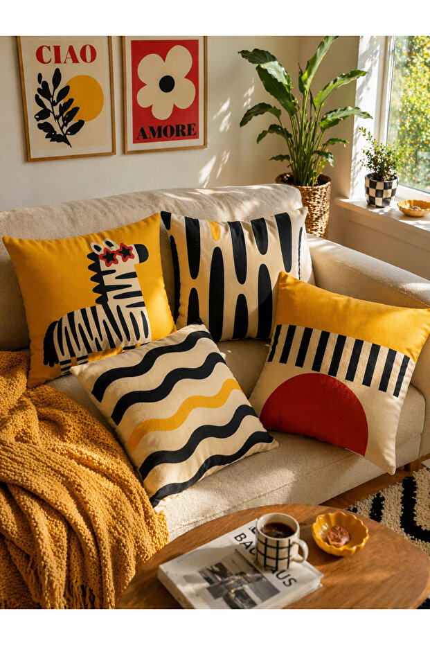 Modern Geometric & Zebra Pattern Energetic & Stylish Living Room Decor 4-Piece Throw Pillow Cover