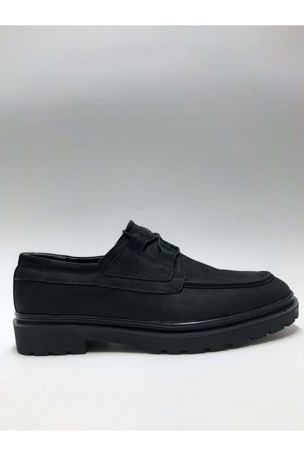 Genuine Leather Wide Fit Nubuck Black Lace-Up Heel Classic Casual Model Men's Shoes