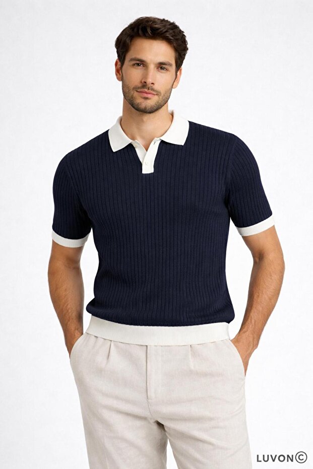 Navy Blue Polo Collar Buttoned Short Sleeve Men's T-Shirt