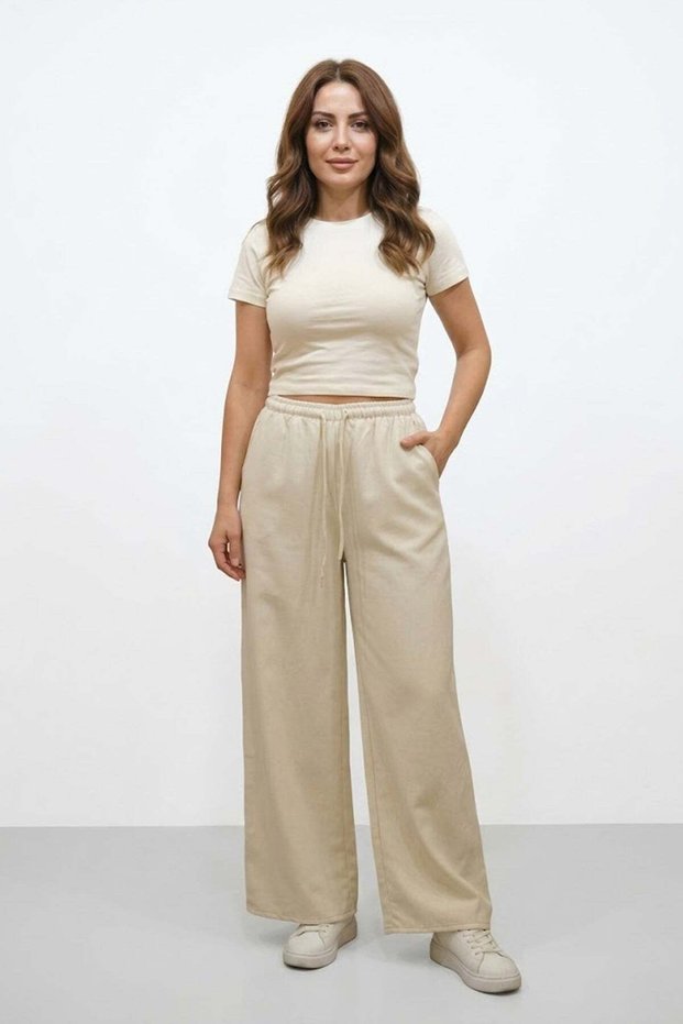 Women's Beige High Waist Wide Leg Relaxed Fit Linen Trousers