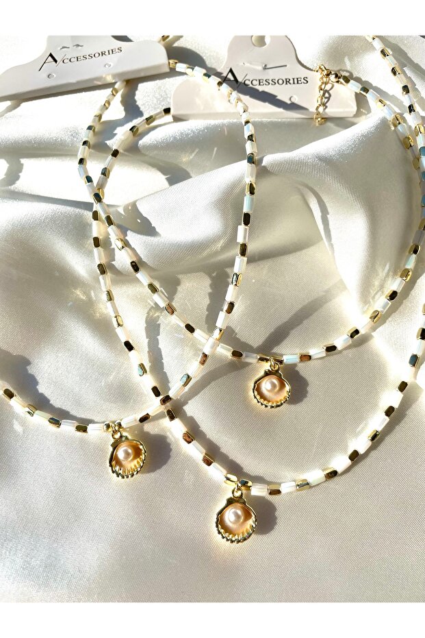 Mussel Detailed Beaded Necklace - Summer Necklace - Boxed Shipping