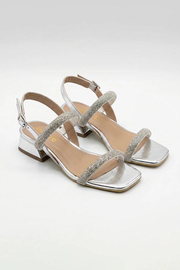 Silvia Stoned Double-Strapped Short Block Heeled Evening Dress Sandals - Silver Crinkled