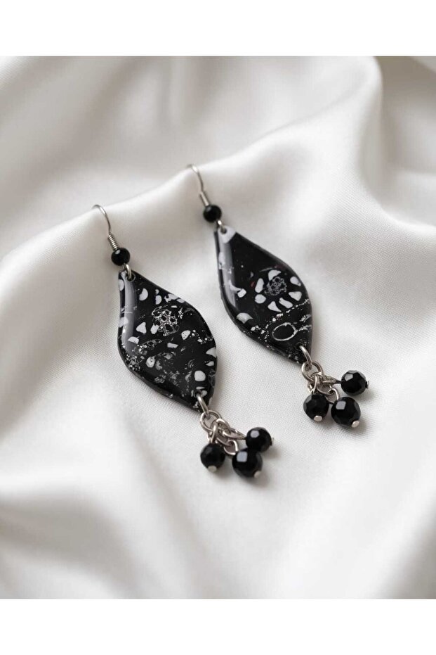 Black Veined Tasseled Polymer Clay & Epoxy Handmade Nail Earrings (Stainless Steel Hardware)
