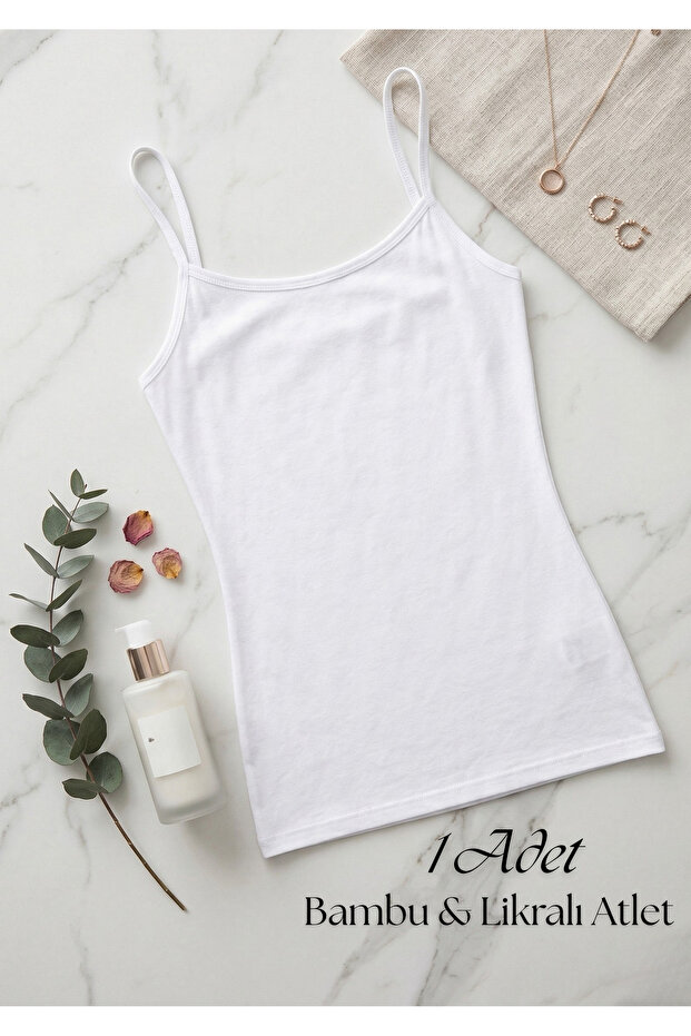 Women's White Bamboo Lycra Thin Strap Tank Top - Silky Textured Stretchy Tank Top