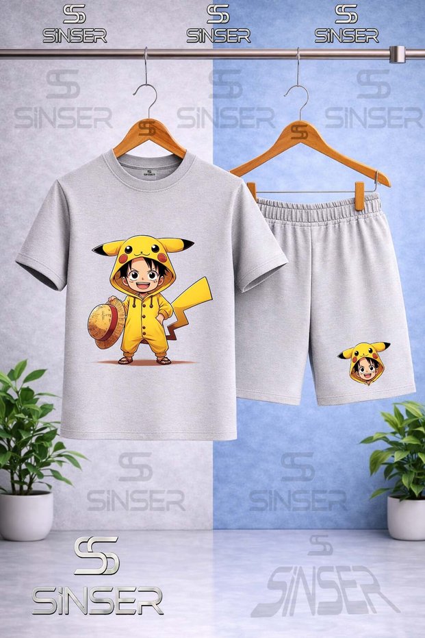 Kids' Pirate Pokemon Printed Crew Neck T-Shirt - Shorts Set
