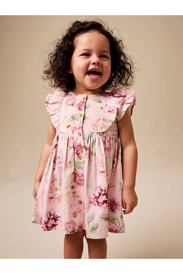 100% Cotton Pink Floral Double Layer Ruffle Sleeve Dress