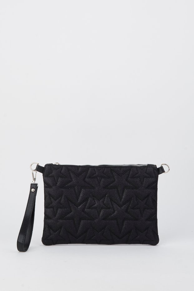 Women's Black Glittery Star Embroidered Faux Leather Portfolio Handbag and Clutch Bag with Chain Strap