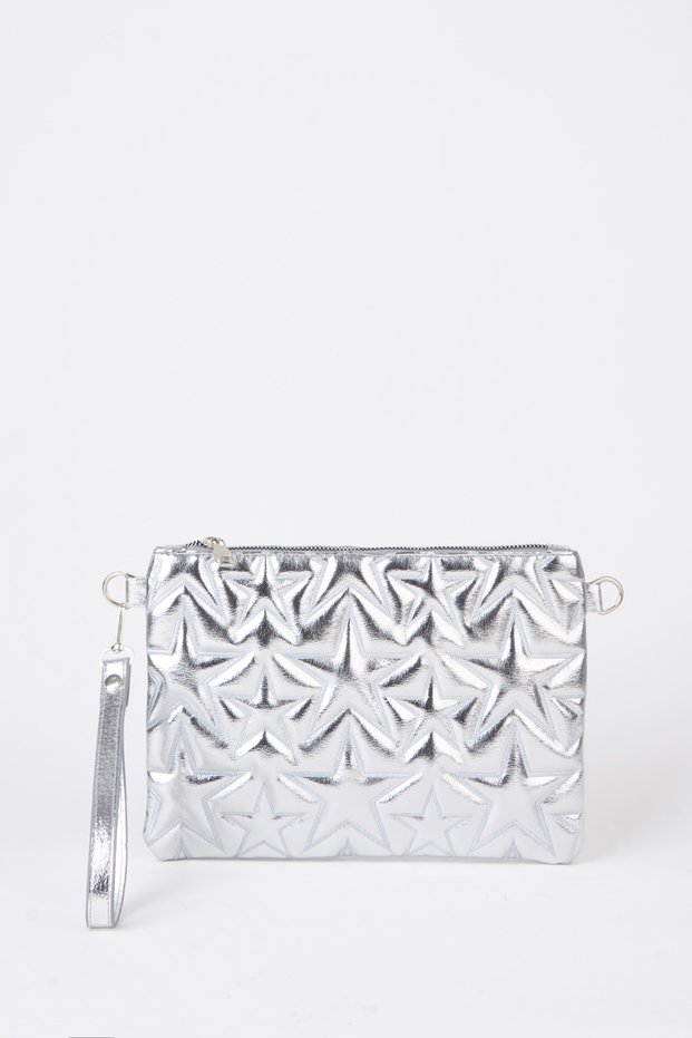 Women's Silver Star Embroidered Patent Leather Portfolio Handbag and Clutch Bag with Chain Strap