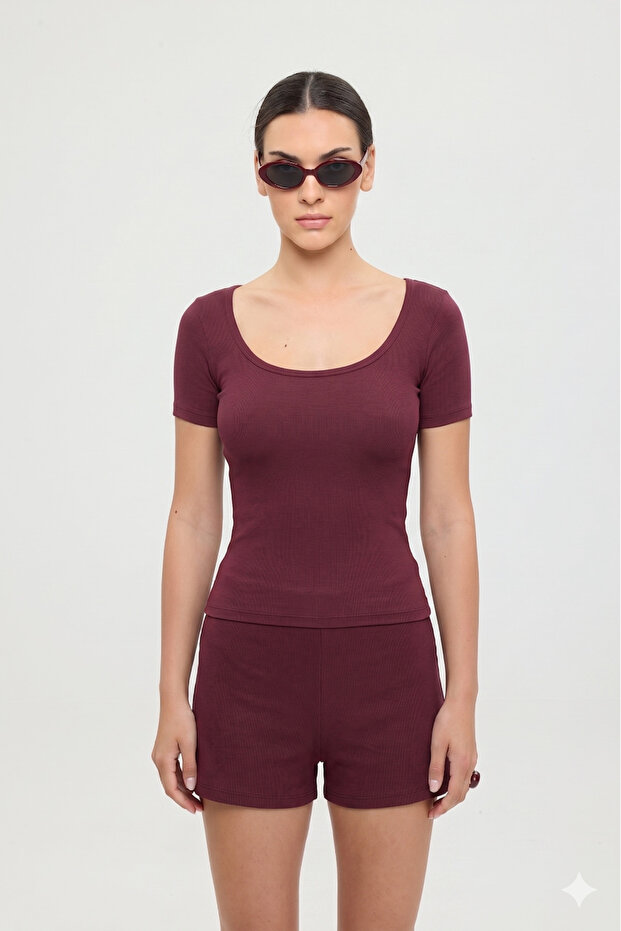 Ultra Soft Oval Neck Short Sleeve Blouse Burgundy