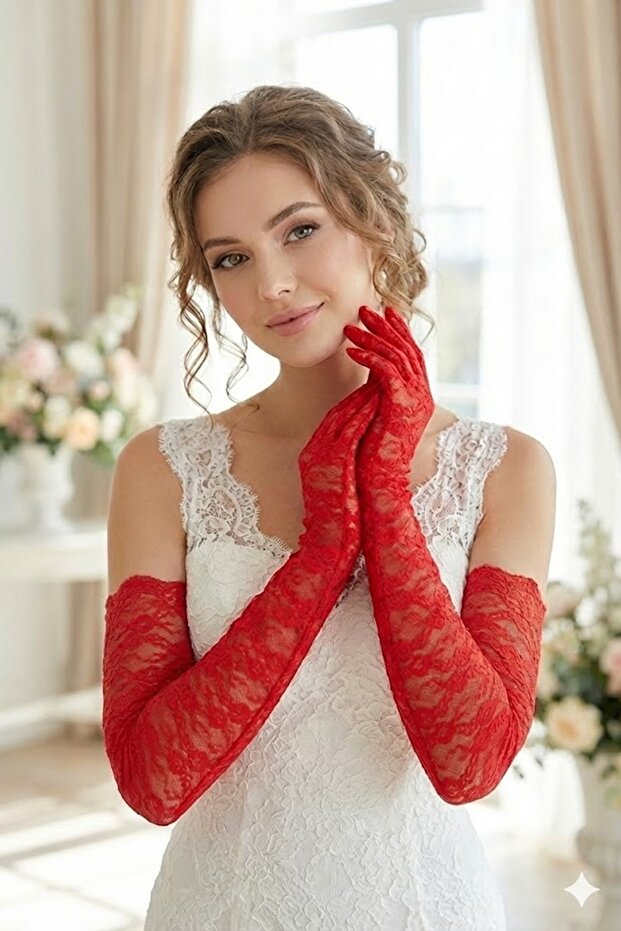 Red Veloura Couture Long Lace Gloves – Full Finger Luxury Bridal and Event Accessory
