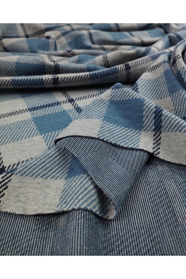 Gray Blue Plaid Knitted Fabric Width: 140cm