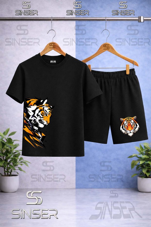 Children's Tiger Face Printed Crew Neck T-Shirt - Shorts Set