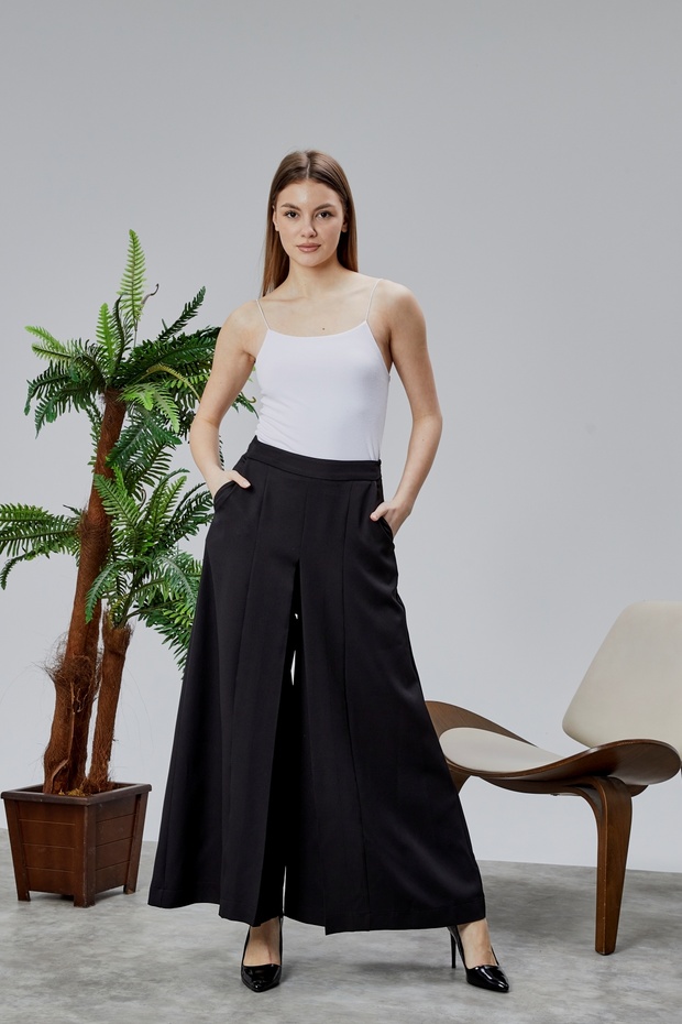Women's Trousers Crepe Fabric Wide Leg with Elastic Waist
