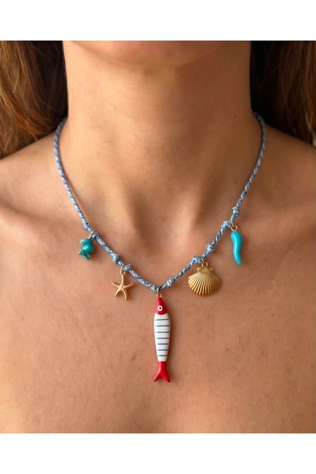 Miraya Red Fish Charm Choker Steel Necklace
