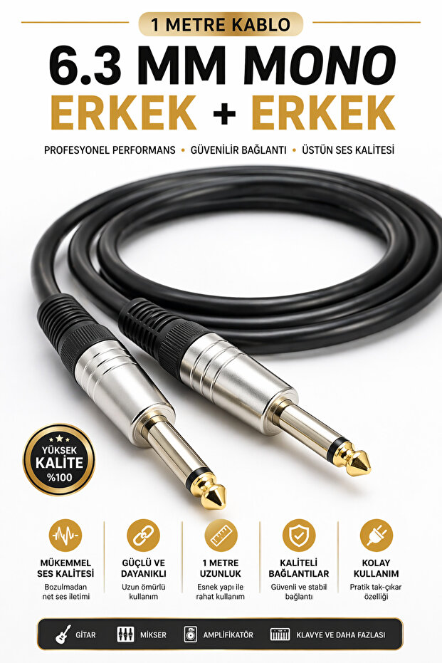 6.3 mm Mono Male + 6.3 mm Mono Male 1 Meter Cable