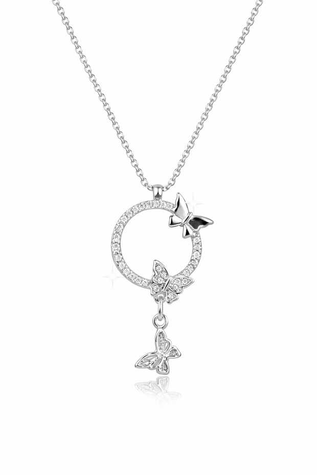 Steel Necklace with Ringed Figure and Zircon Stones – Stylish and Elegant Women's Necklace