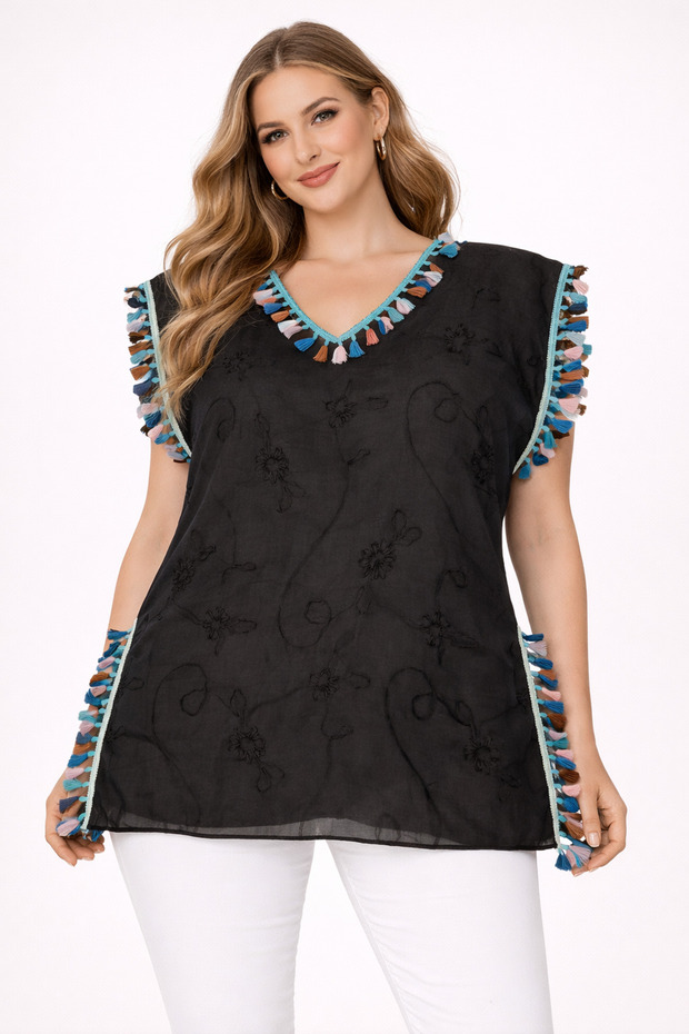 Black Tassel Detailed Chiffon Beach Dress Pareo