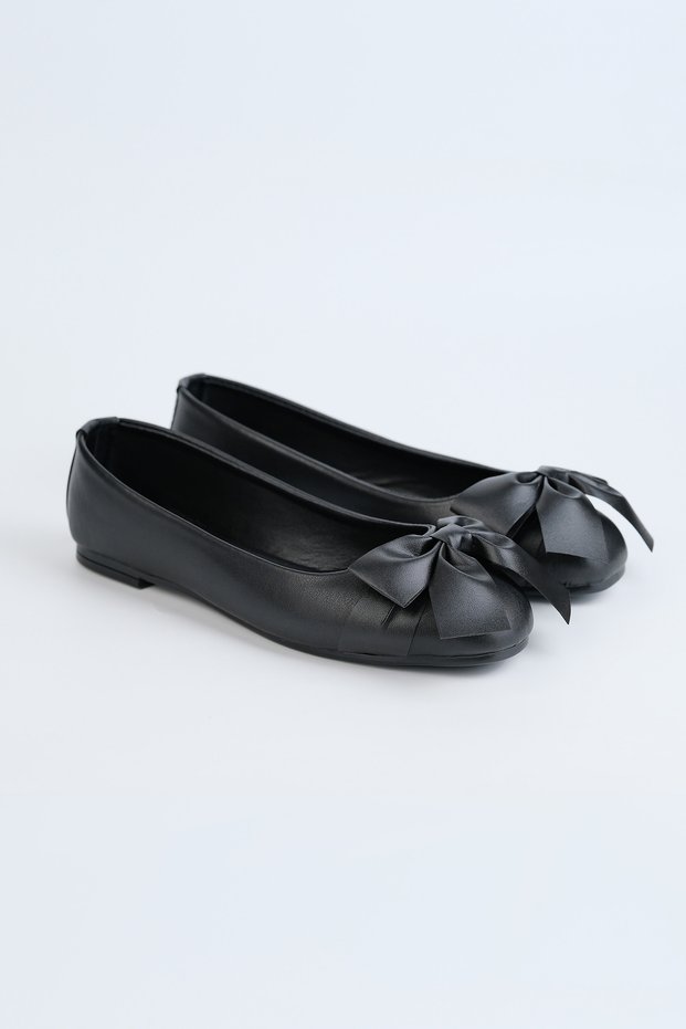 Women's Black Round Toe Big Bow Faux Leather Ballerinas