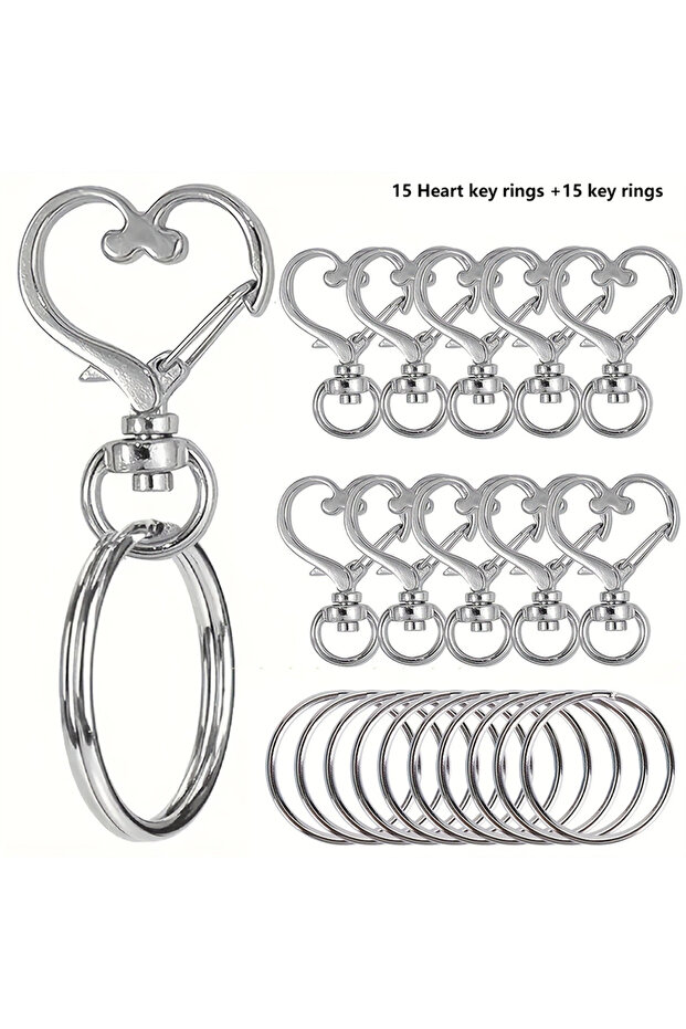 15Keychain 15Ring silver color 30pcs Heart Shaped Swivel Snap Hooks with 15pcs Key Ring 15pcs Metal