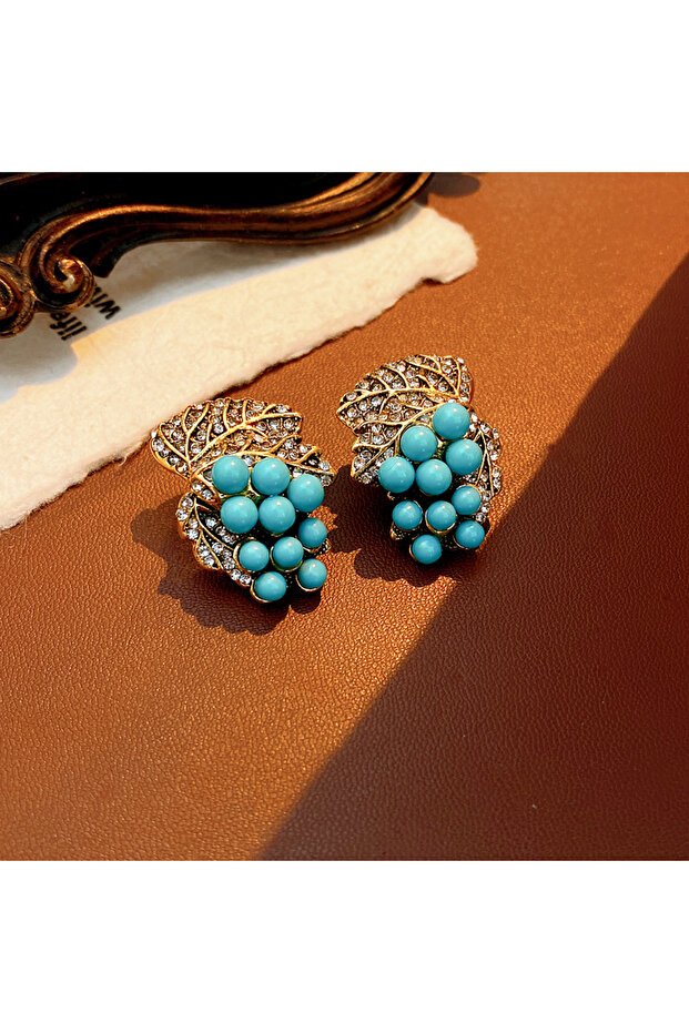 Resin Mediaeval Vintage Blue Grape Strand Resin Stud Earrings Palace Style Inlaid Rhinestones Leaf E