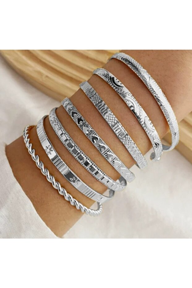 Silver 7Pcs Retro Metal Wire Bangles High Quality Exaggerated Open Bracelets Fashion Jewelry For Wom